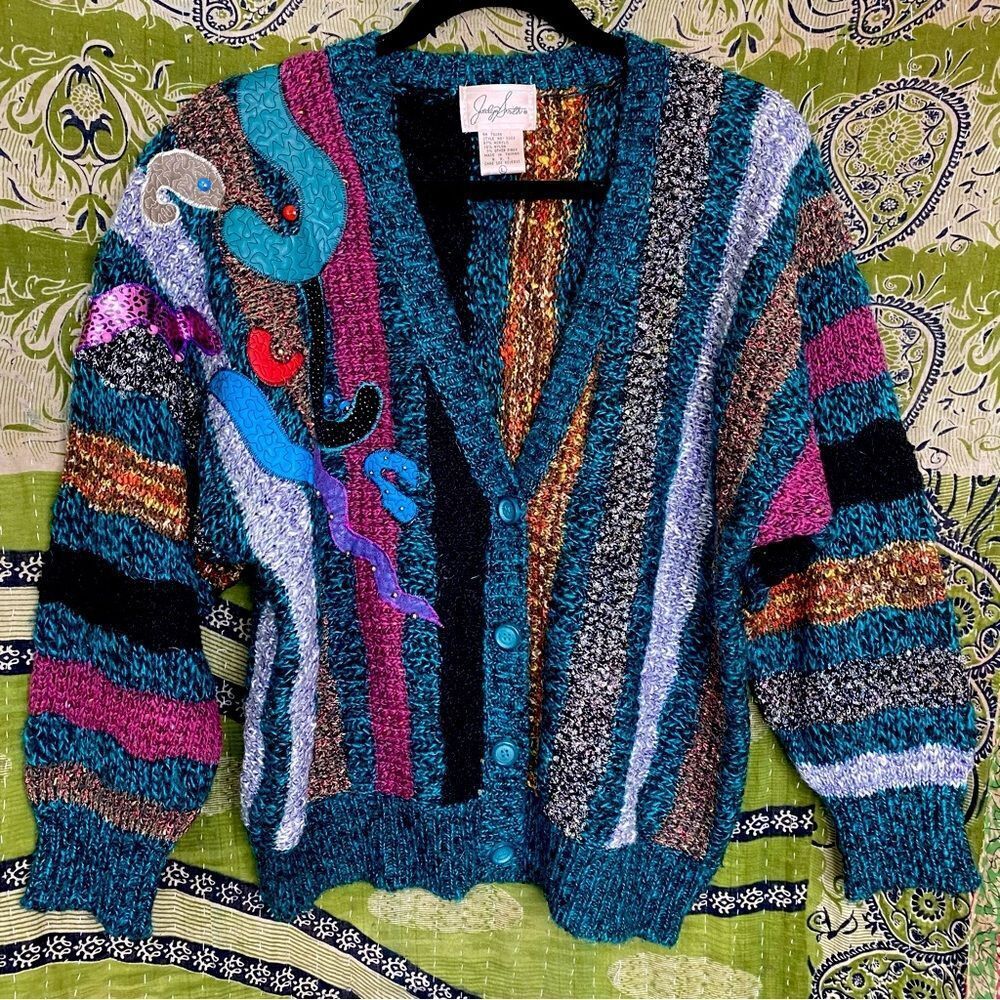 Unique Vintage Jaclyn Smith Embroidered Patchwork Teal Sweater Size Large